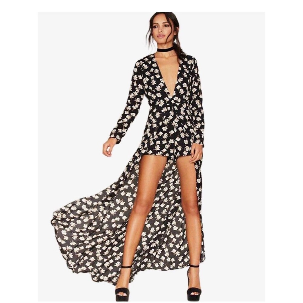 Lioness Black Floral Playsuit Jumpsuit with a long skirt overlay